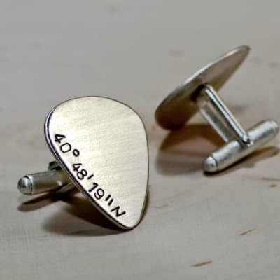 Sterling silver coordinate guitar pick cuff links with latitude and longitude image 2