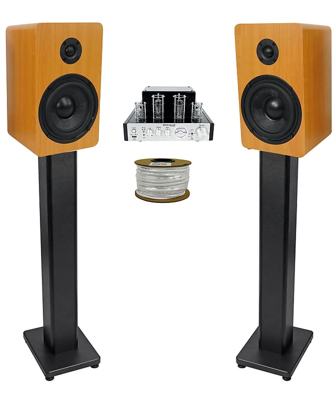 Rockville BluTube Tube Amplifier+5.25&quot; Wood Bookshelf Speakers+36&quot; Wood Stands + Rockville BLUE 14G50 OFC 14 Gauge 50 Foot 100% Copper Speaker Wire  			