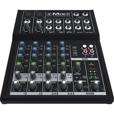 Mackie Mix8 8-Channel Compact Mixer, 20Hz to 30kHz Frequency Response, 3.8kOhms Mic-In / 1kOhms Tape Out / 22Ohms Phones Out Impedances, 2-Pin DC Conn image 8