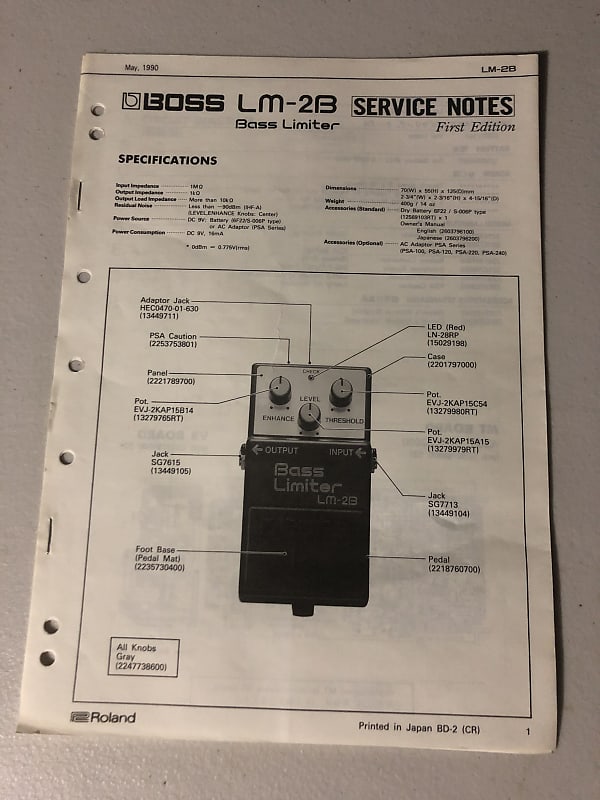 Roland  Boss LM-2B Bass Limiter Service Notes 1990 image 1