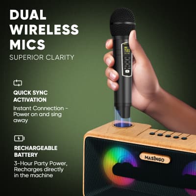MASINGO Karaoke Machine for Adults and Kids with 2 UHF Wireless Microphones, Portable Bluetooth Singing Speaker, Colorful LED Lights, PA System, Lyrics Display Holder & TV Cable - Presto G2 Wood image 5