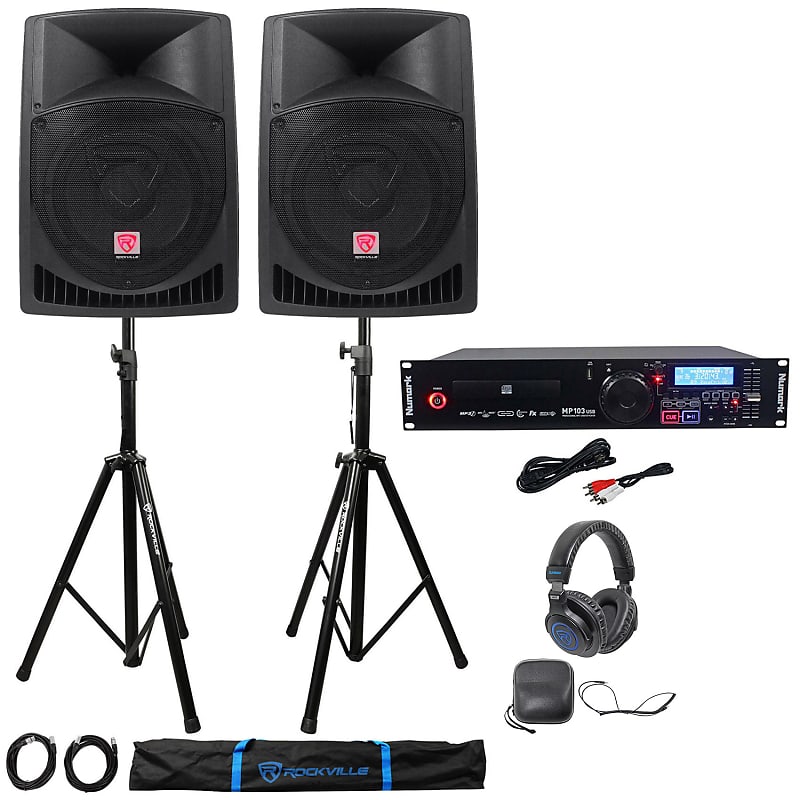 Numark MP103USB Pro Rack Mount DJ CD Player+2) Active Speakers+Stands+Headphones image 1