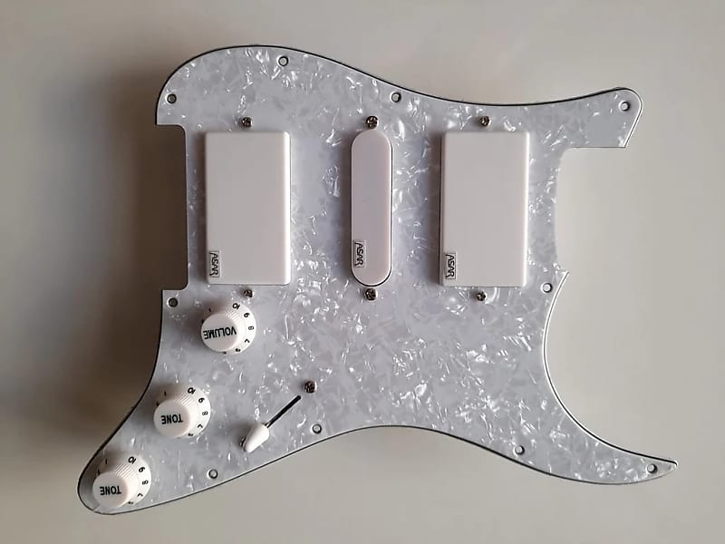 Handmade prewired HSH Neodymium Strat pickguard with HB split switch TR BL and mid PU cutoff switch image 1