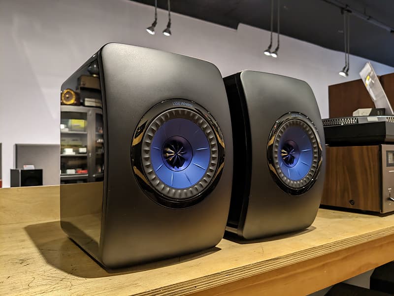KEF LS50 Wireless Speakers w/ Original Box & Accessories - Gloss Black/Blue image 1