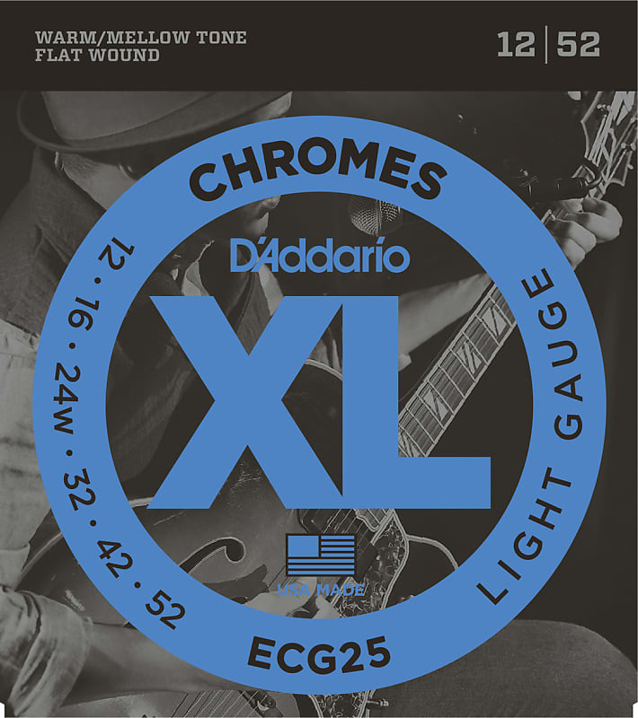 D'Addario Chromes Flat Wound Electric Guitar Strings Set, Light Gauge 12-52 image 1