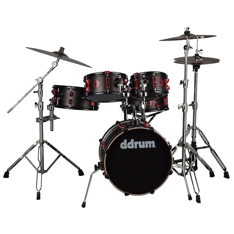 ddrum Hybrid Prototype Acoustic Electric Drum Set Shell Pack Satin Black Red Lug image 1