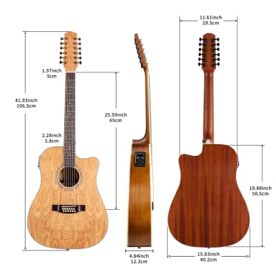 TARIO 12 Strings Acoustic Electric Cutaway Guitar Curly Ash Top Mahogany back & sides Okoume Neck image 2