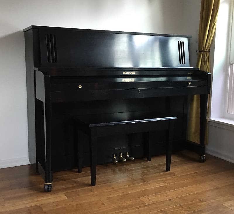 Vintage Made in USA Baldwin 243HP Ebony Black Lacquer Acoustic Upright Studio Piano + Original Bench Key image 1