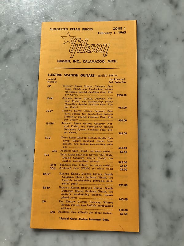 1965 Gibson Price List Vintage Case Candy Collector SG ES335 ES330 image 1