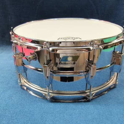Ludwig No. 402 "B Stamp" Supraphonic 6.5x14" Chrome Over Brass Snare Drum with Pointed Blue/Olive Badge 1979