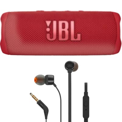 JBL Flip 6 Portable Waterproof Bluetooth Speaker (Red) + JBL T110 in Ear Headphones image 1