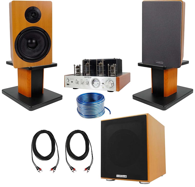 Rockville BluTube Bluetooth Tube Amplifier+Wood Bookshelf Speakers+Stands and Subwoofer  			