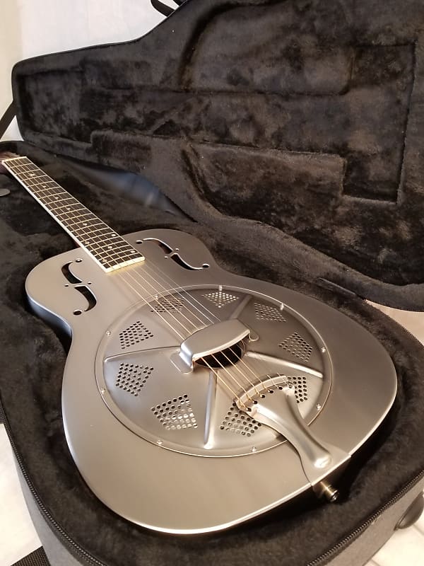 Republic Duolian 505 Bell Brass Resonator Guitar, 14 Fret, Tarnished Nickel  Finish, W/ Feather-Lite Case