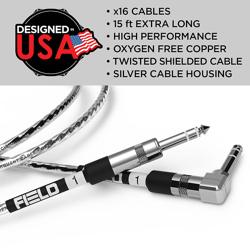 ELECTRONIC DRUMS CABLES X16 TRS Stereo Cable Set. 16 cables each 15ft long. Right angle plug to Straight plug 2024 - SILVER image 1