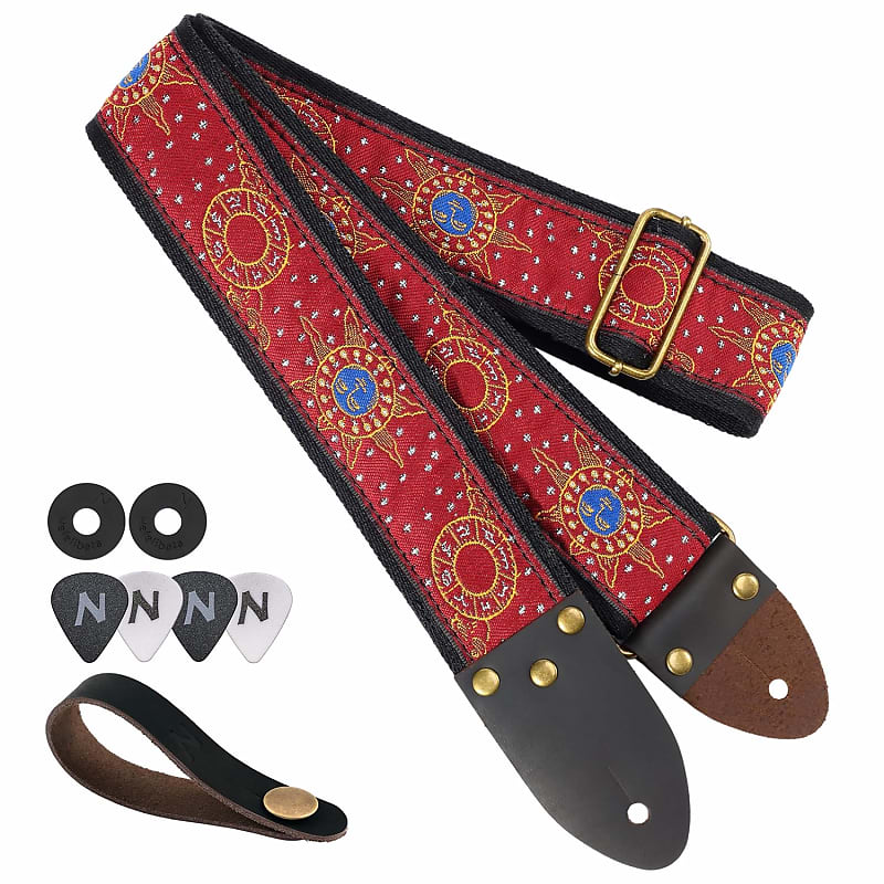Guitar Strap, Sun Flower, Three Spikes Leather Ended Acoustic Reverb