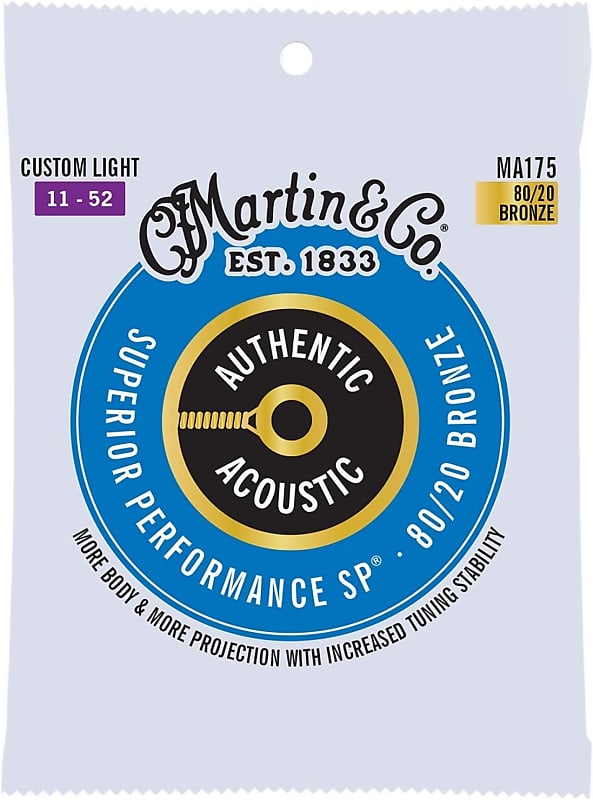Martin Authentic Acoustic Guitar Strings, Superior Performance Custom Light 11-52, 80/20 Bronze image 1