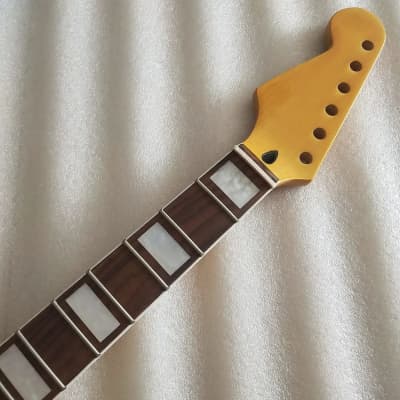 Reversed Yellow Glossy Finish Maple Wood Guitar Strat Style Neck, Rosewood Fingerboard, White Block Inlay