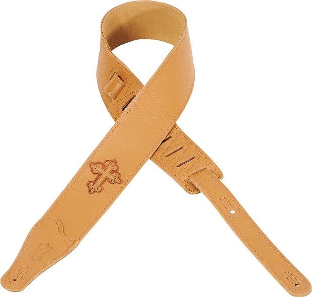 Levy's Guitar Strap MG26EECC-TAN, 2.5' Leather, Embroidered Christian Cross, Tan image 1