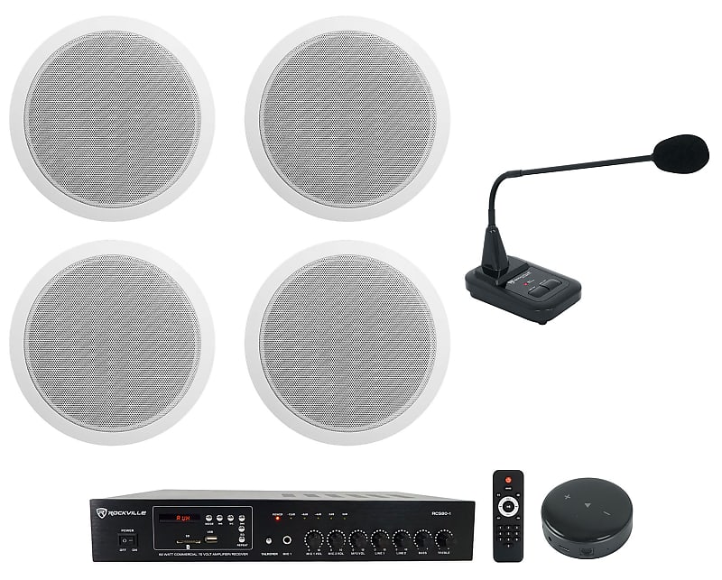 Rockville Commercial Amp+Wifi Receiver+(4) 6&quot; Ceiling Speakers+Paging Microphone  			
