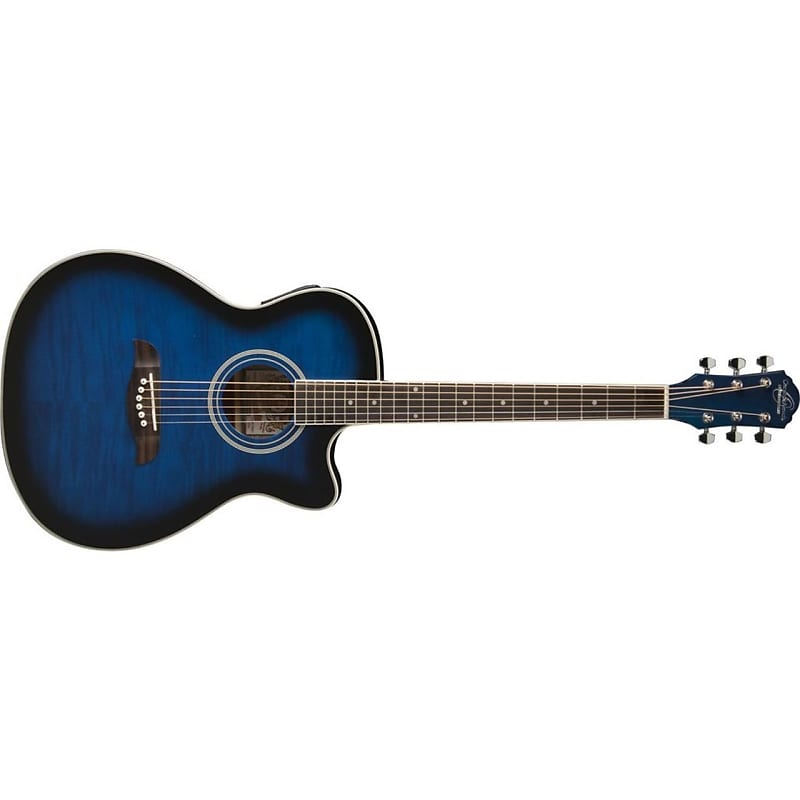 Oscar Schmidt OG10CEFTBL Concert Cutaway Acoustic Electric Guitar, Flame Transparent Blue image 1