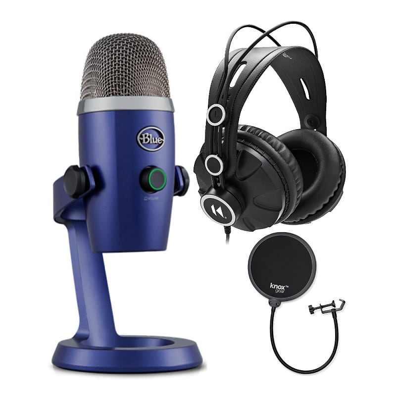 Blue Microphone Yeti USB Mic Silver with Knox Headphones Boom Arm