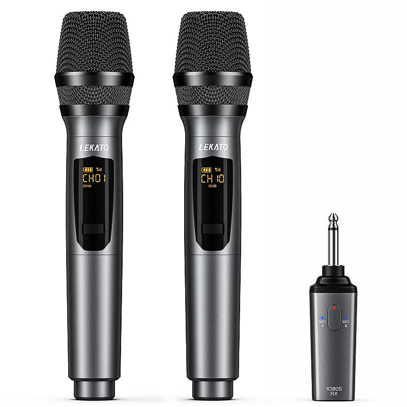 LEKATO Wireless Microphones, Metal Dual Dynamic Wireless Microphone  Rechargeable UHF Wireless Microphone with Receiver Cordless Microphone for