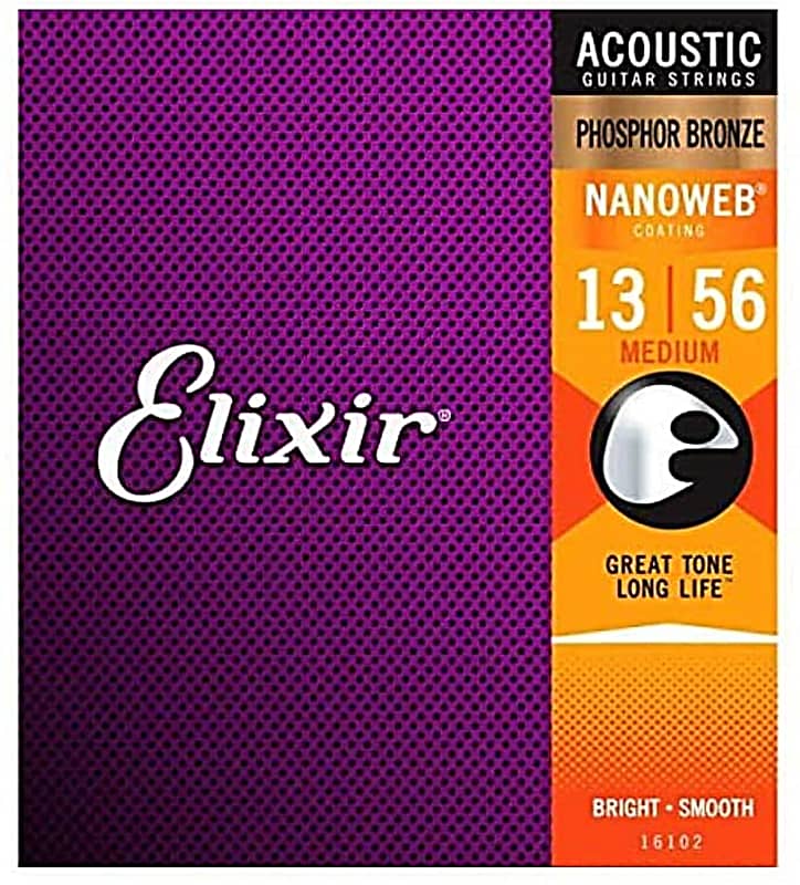 Elixir 16102 Nanoweb Phosphor Bronze Acoustic Guitar Strings Medium  (13-56) image 1