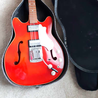 Supro Clermont Electric Guitar Red Semi-Hollow Body With Tremolo Bar & Guitar Case, Vintage 1960's image 3