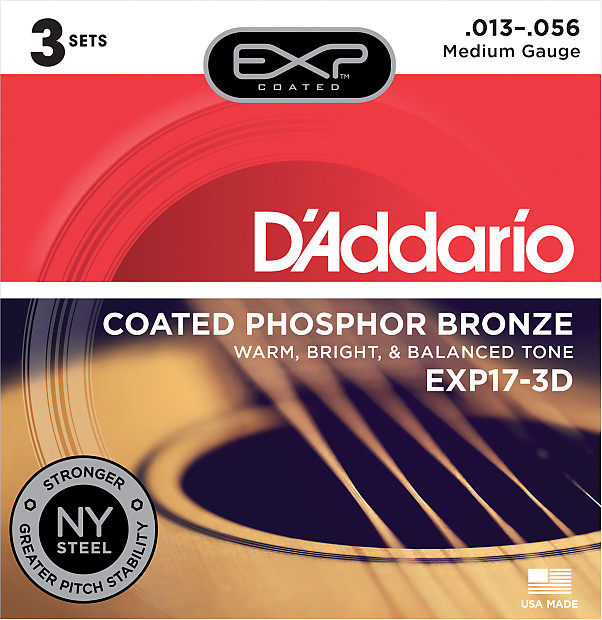 D'Addario EXP17-3D Coated Phosphor Bronze Acoustic Guitar Strings - Medium (13-56) 3-Pack image 1