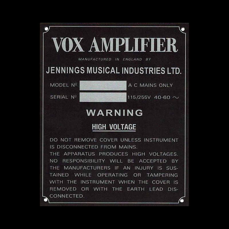 Vox (JMI) Reproduction  Aluminum Serial Plate - Photo Etched Finish image 1
