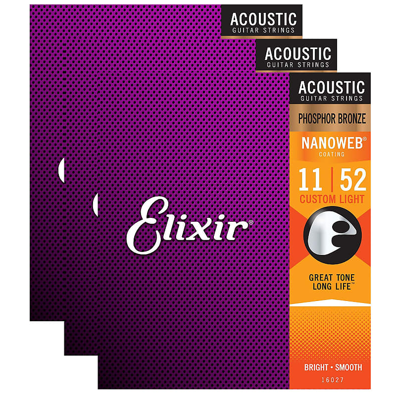 Elixir 16027 Nanoweb Phosphor Bronze Acoustic Guitar Strings 11-52 Custom Light 3-Pack w/Bonus Elixir Pick image 1