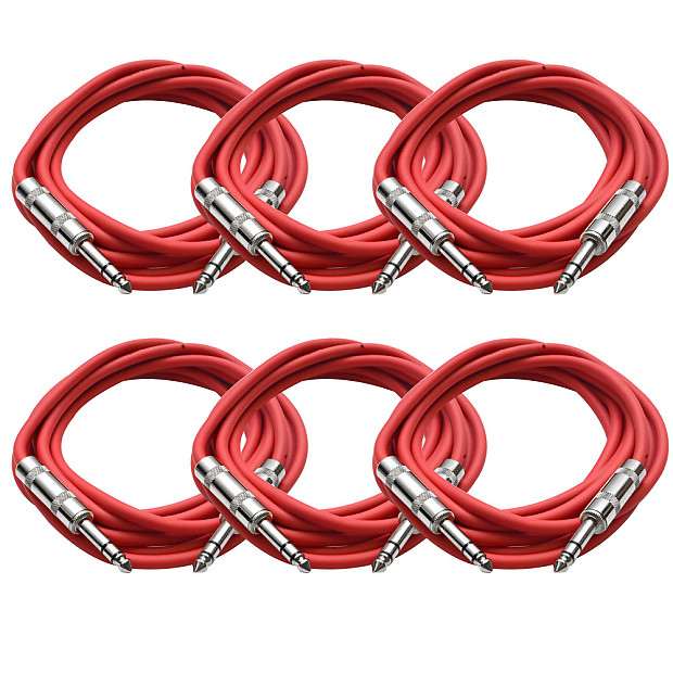 Seismic Audio SATRX-10RED6 1/4" TRS Patch Cables - 10' (6-Pack) image 1