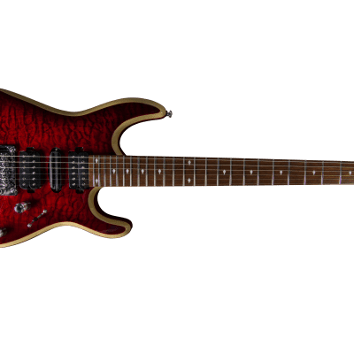 Bootlegger Guitar Royal Coil Split, HHH, Clear Deep Burgundy Quilted Maple, Double Lock Tremolo image 1