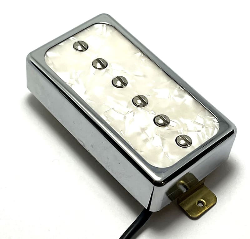Dragonfire H90 Neck Pickup ~ Humbucker Sized P-90 Single Coil Passive Neck Position Pickup, Chrome Ring + White Pearl Inlay image 1