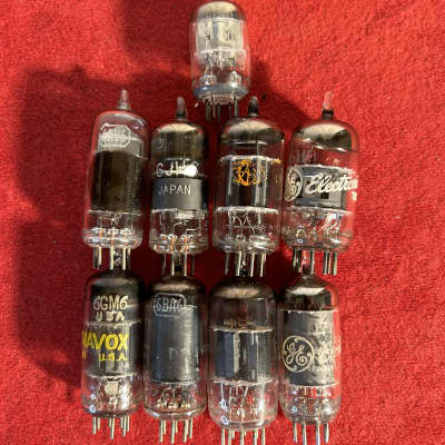 Magnavox/GE/RCA Lot of Various Radio Amplifier Electron Vacuum Tubes - 6AL5, 6BA6, 6JH6, 6DT6, 6AV6, 6GH8, and two unknowns (possibly 12AT or AX7s) - Clear Glass image 1