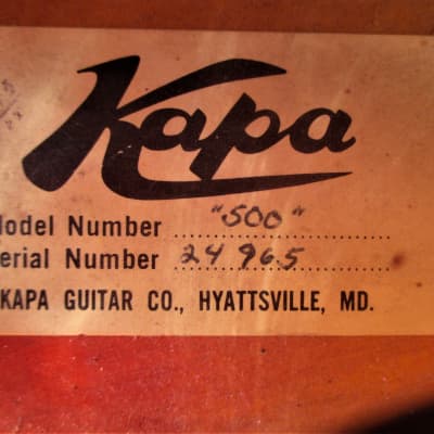Kappa Series 500  Hollow Body Guitar, 1960's,  Wyattsville, Md.,  Sunburst Finish, Gig Bag image 4