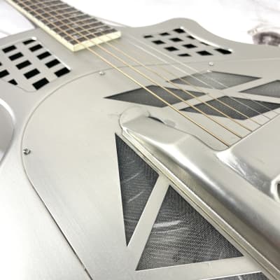 Royall Resonators Trifecta Relic Brushed Steel Finish 14 Fret Cutaway Brass Tricone Guitar With Resophonic Pickup image 5
