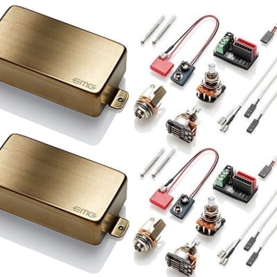 EMG 81 + 60 BRUSHED GOLD ACTIVE SOLDERLESS HUMBUCKER GUITAR PICKUP SET  SHORT SHAFT POTS & WIRING