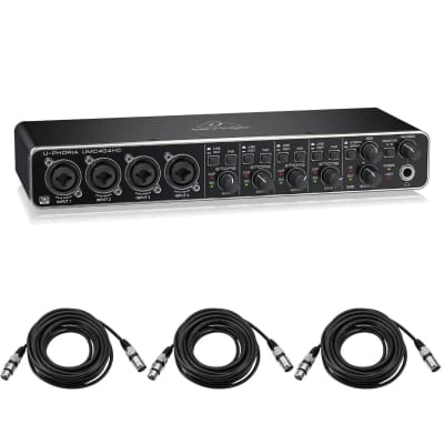 Behringer Behringer U-PHORIA UMC404HD Audiophile 4x4, USB Audio/MIDI Interface with MIDAS Mic Preamplifiers - With 10' Stereo 3.5mm Mini Male to Two Mon -1/4in Phone Plugs, Y-Cable, 3-Pk 20' 8mm XLR Mic Cable