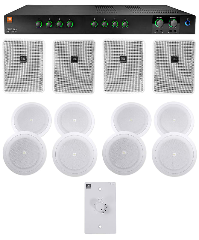 JBL Commercial Amplifier+(4) 6.5&quot; White Wall+(8) 8&quot; Ceiing Speakers+Wall Control  			