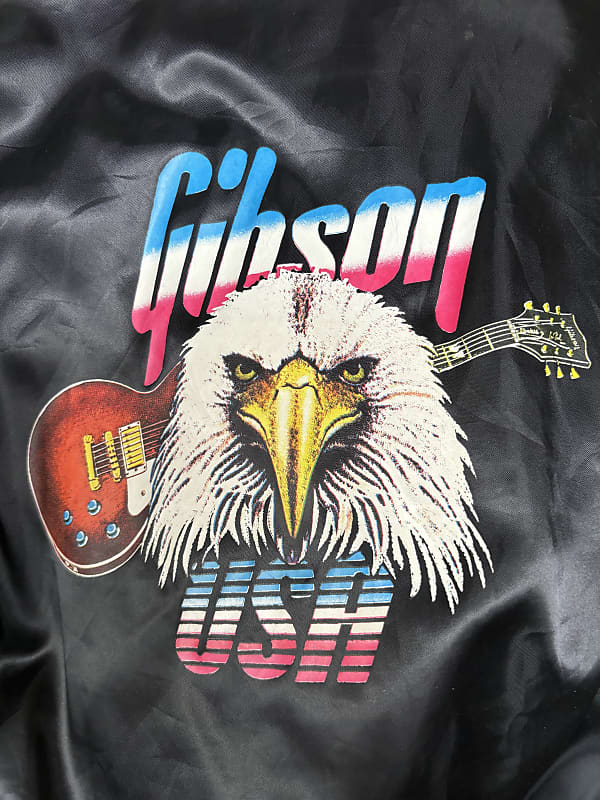 80's GIBSON Guitar Vintage Black Satin Bomber Jacket EAGLE LOGO Size outlet X Large