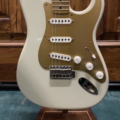 FREAKIN! Danocaster Strat 2014 Nicotine White with Anodized Gold Pickguard V-Neck (Video Demo) image 4