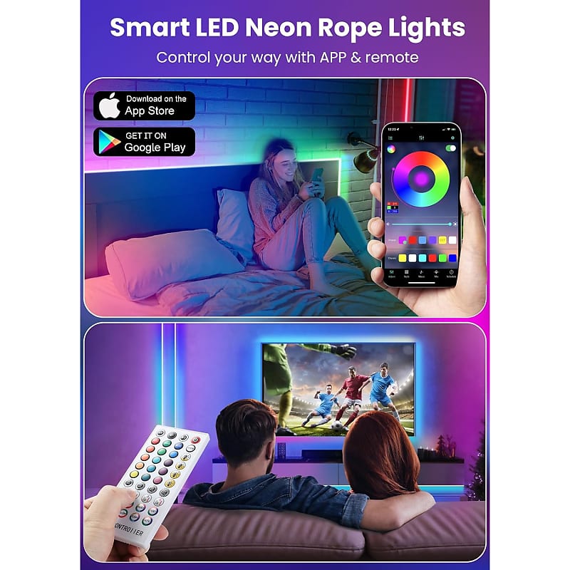 Neon Lights,16.4Ft RGB LED Neon Rope Light with Remote Control, Neon Strip  Light