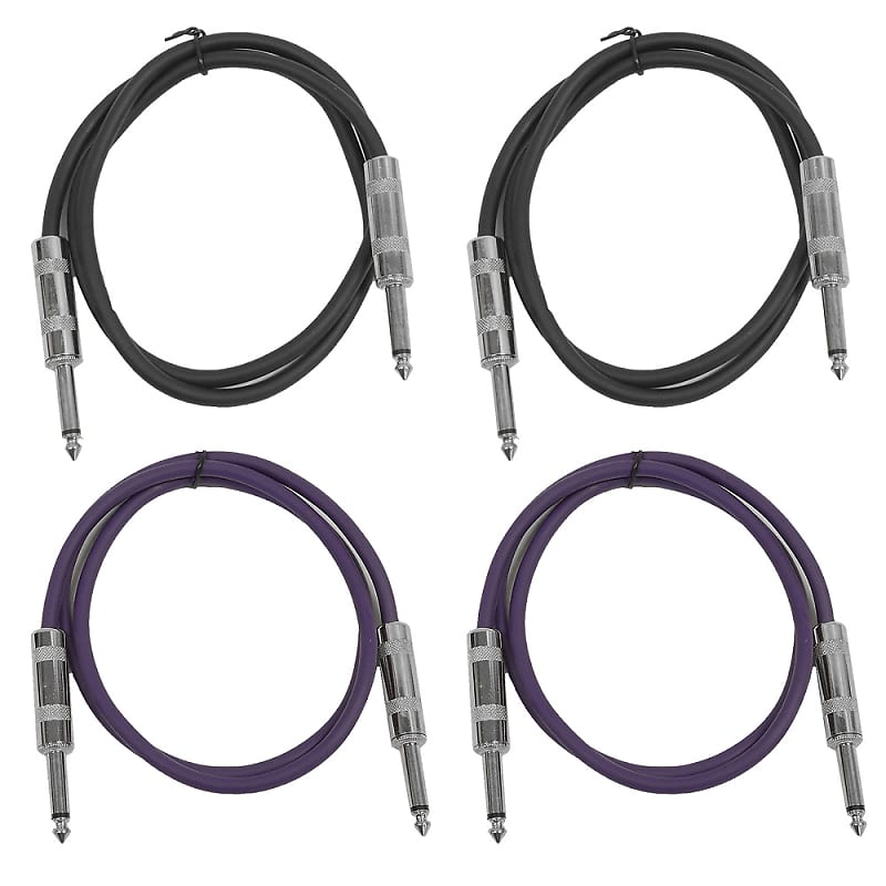 4 Pack of 2 Foot 1/4" TS Patch Cables 2' Extension Cords Jumper - Black & Purple image 1