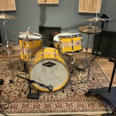 Craviotto 13/16/22/5.5x14 solid maple drum set. Private Reserve Pre-order.  Yellow/curly/Yellow image 6
