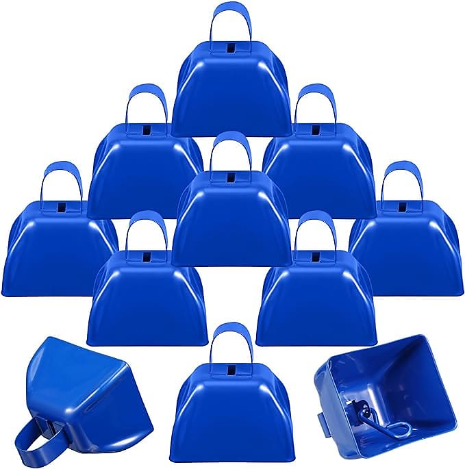 12 Pack Metal Cow Bells Noise Makers With Handle 3 Inch Hand Percussion  Cowbells Bulk Loud Call Bell For Sporting Events Cheering Football Games  Team Spirit Weddings Party Noisemakers (Blue)