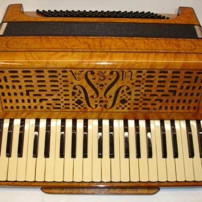 Vintage Antique "USA" Birds-Eye Maple Military Accordion w/ Geib Case image 2