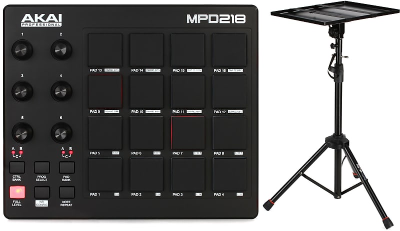 Akai Professional MPD218 16-Pad MIDI Pad Controller Bundle with Gator  Frameworks GFWLAPTOP1500 Tripod Laptop and Projector Stand