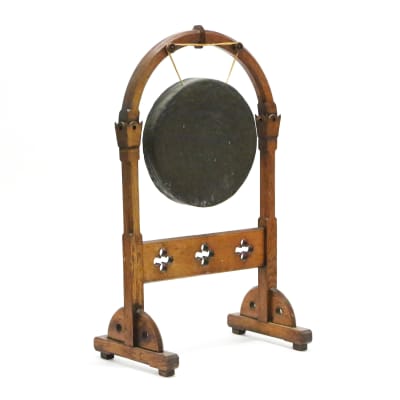 Victorian Era Gothic Revival Dinner Gong 14” Brass Cymbal & Oak Frame Stand Rare Vintage Percussion w/ Mallet image 5
