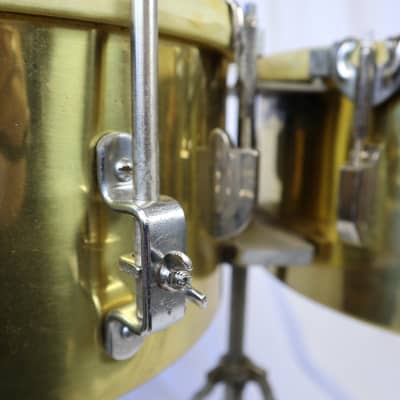 Leedy Vintage Humberto Morales Brass Timbale Set w/Stand & Case. Calf Heads image 7